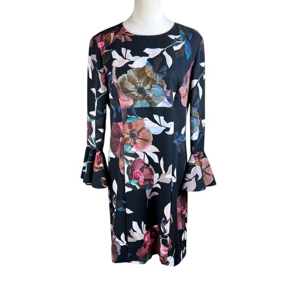 Trina Turk Panache 2 Faye Black Floral Flounce Bell Sleeve Cocktail Shift Dress - Picture 3 of 13